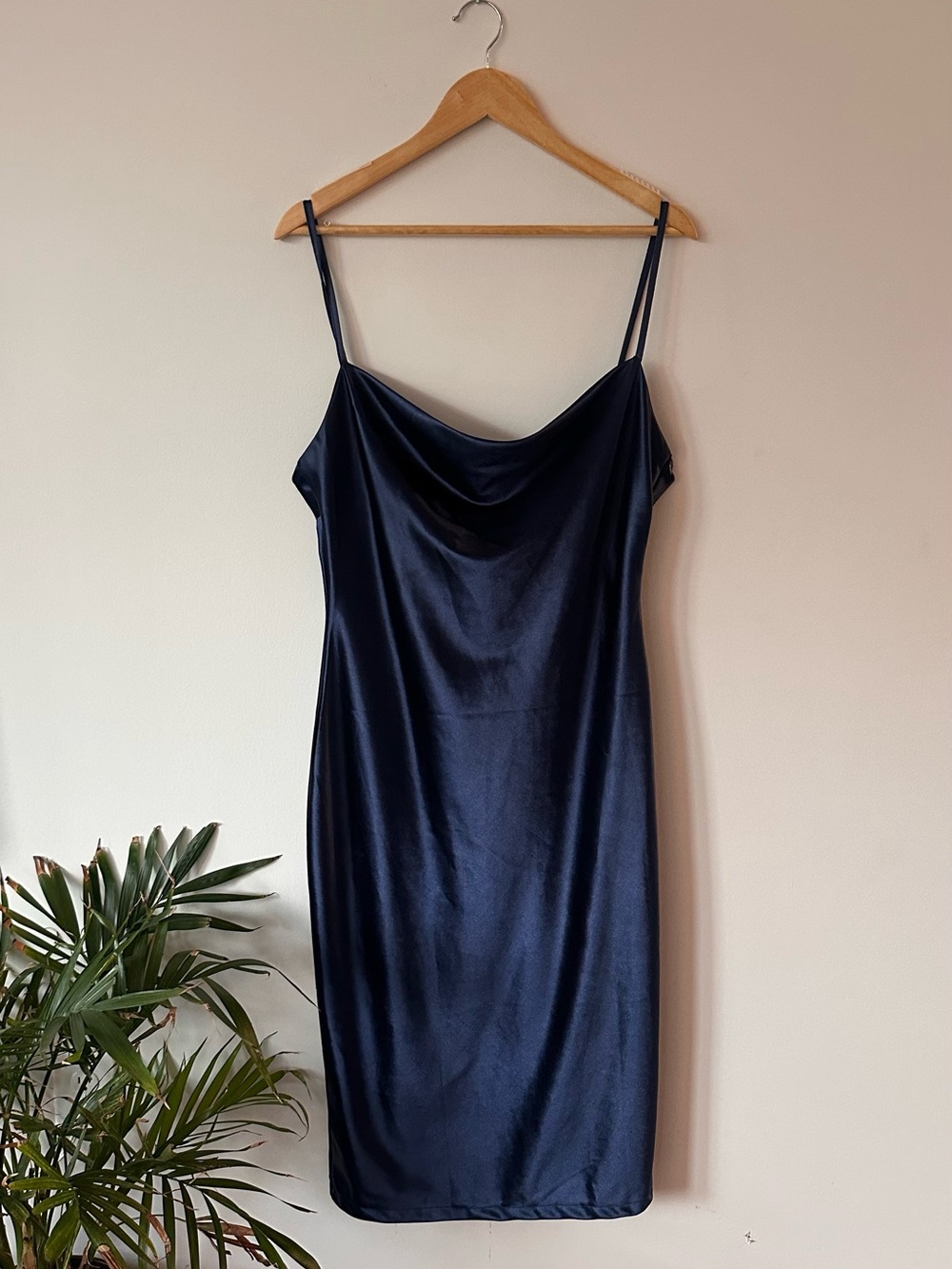 Satin Cowl Neck Midi Slip Dress - Navy